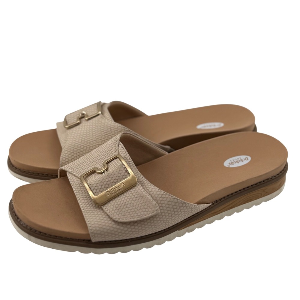 Dr Scholls Womens 9.5 Slide Sandals Beige Snake‎ Print Buckle Platform Comfort